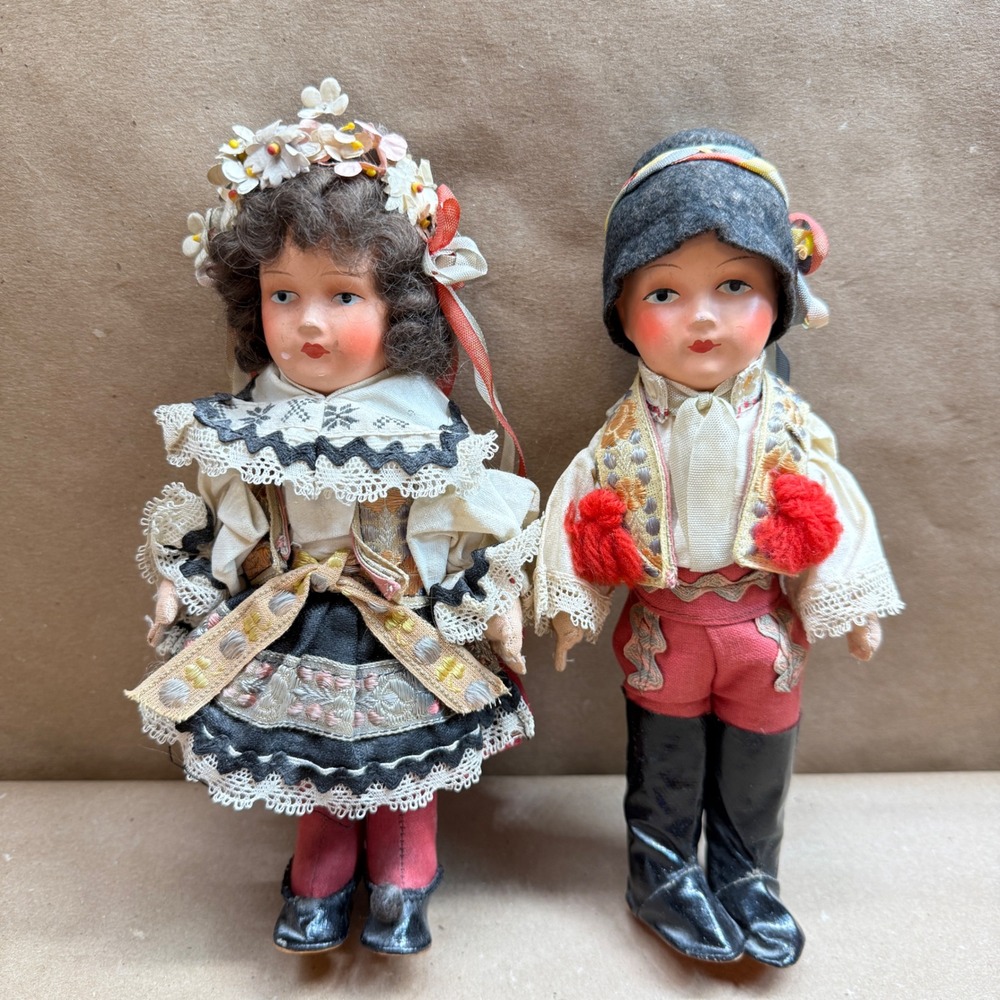 Vintage Czech Dolls Celluloid and Cloth Traditional Folk Costume Pair Folk Art